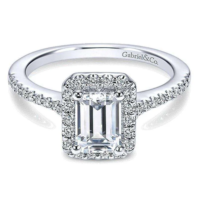 Mounting Only, Emerald Cut Halo Engagement Mounting with Thin Diamond Band