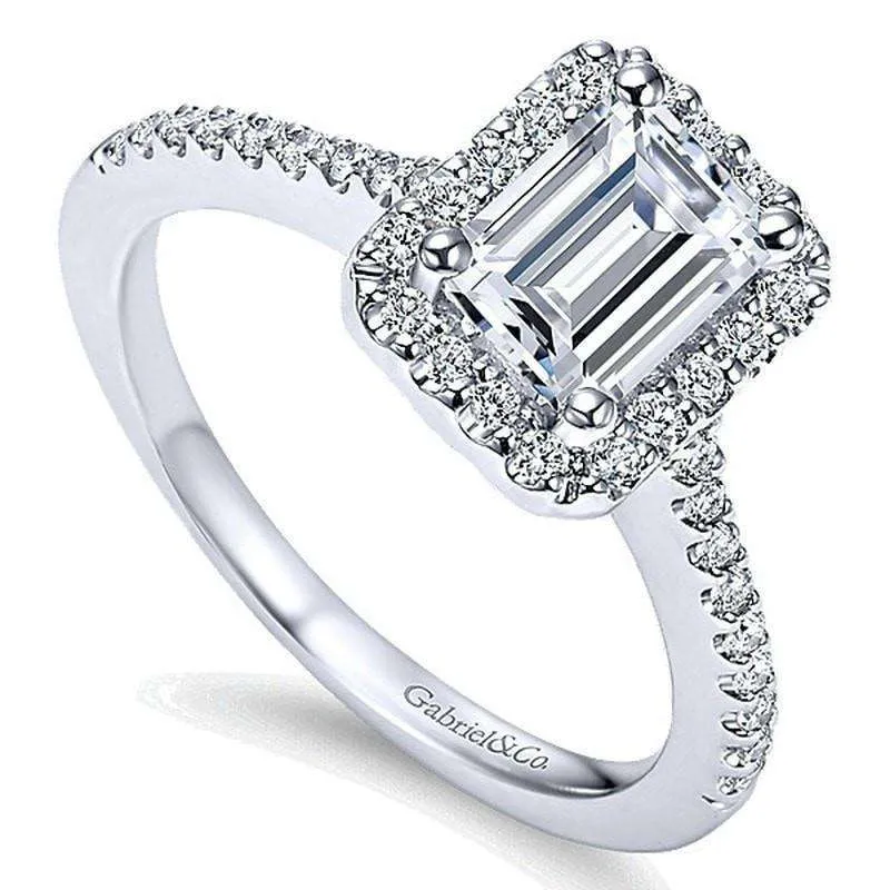 Mounting Only, Emerald Cut Halo Engagement Mounting with Thin Diamond Band