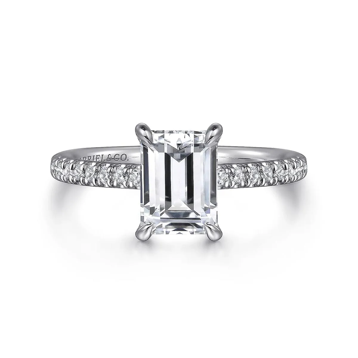 Mounting Only, Emerald Cut White Gold Engagement Mounting with Thin Diamond Band