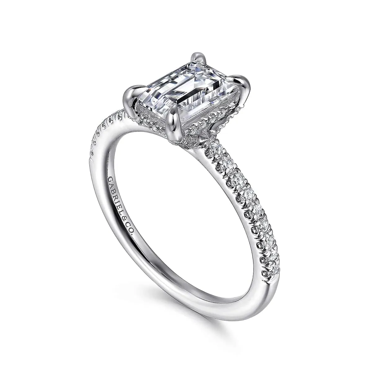 Mounting Only, Emerald Cut White Gold Engagement Mounting with Thin Diamond Band