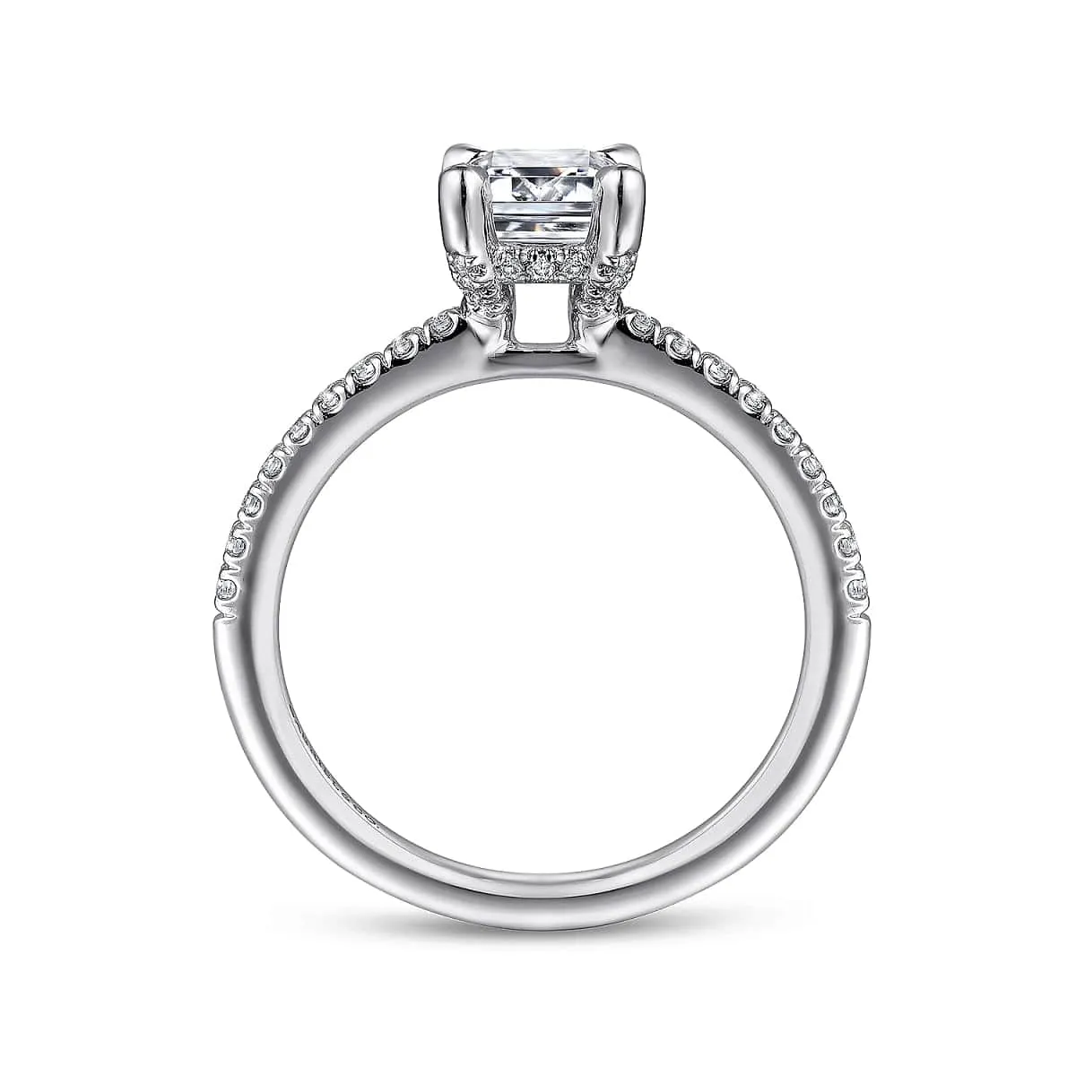 Mounting Only, Emerald Cut White Gold Engagement Mounting with Thin Diamond Band