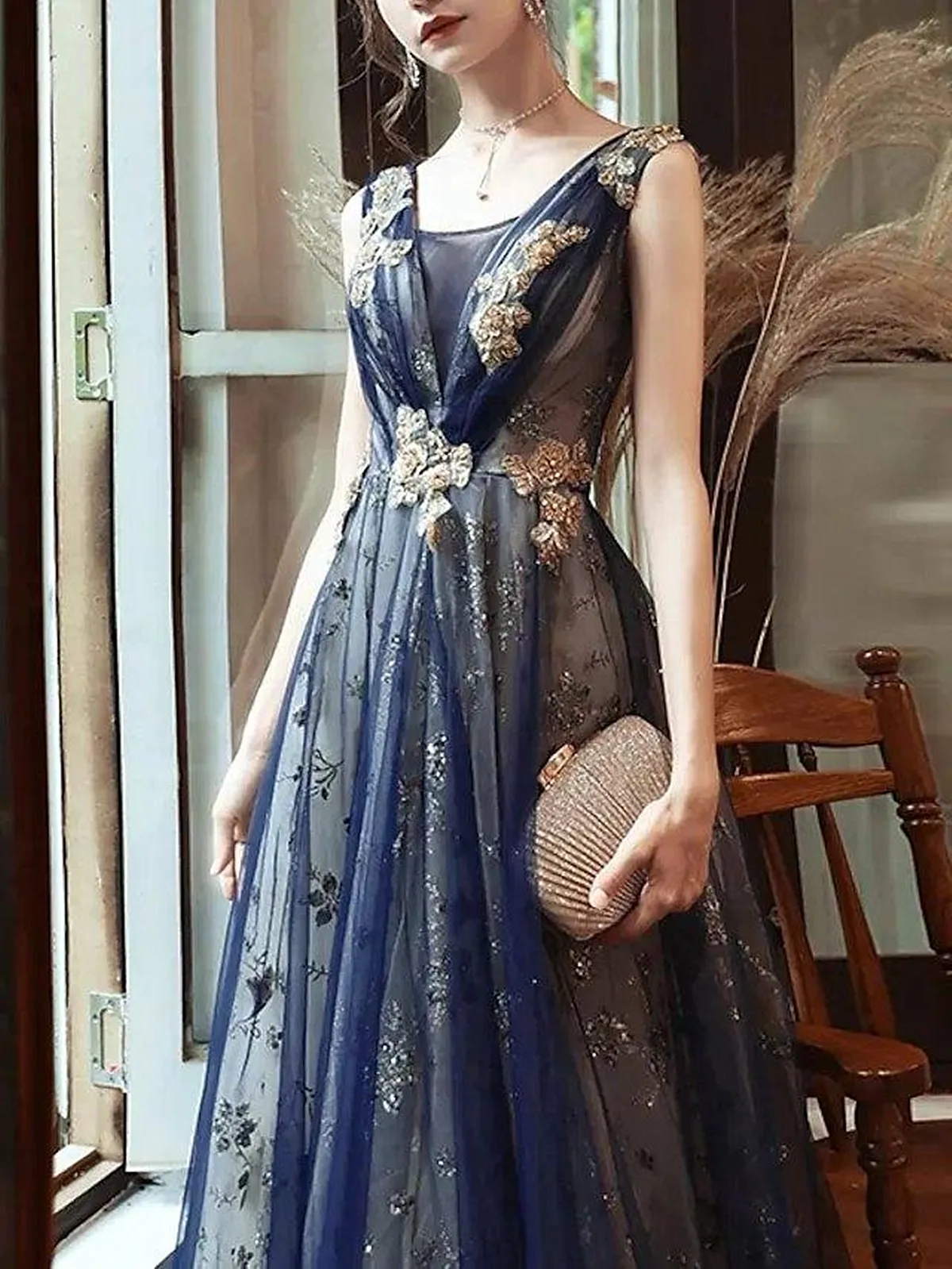 Navy Blue V-neckline Tull and Lace Long Prom Dress, Navy Blue Evening Dress Prom Dress