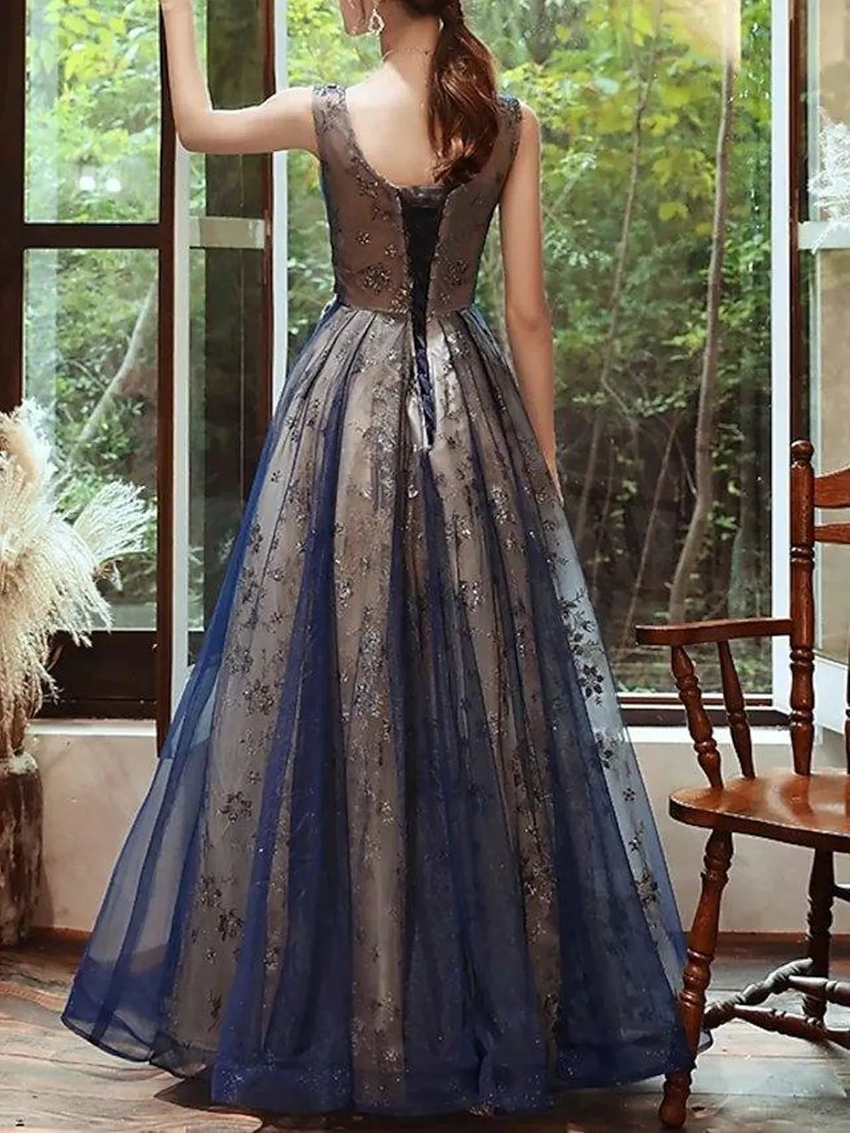 Navy Blue V-neckline Tull and Lace Long Prom Dress, Navy Blue Evening Dress Prom Dress