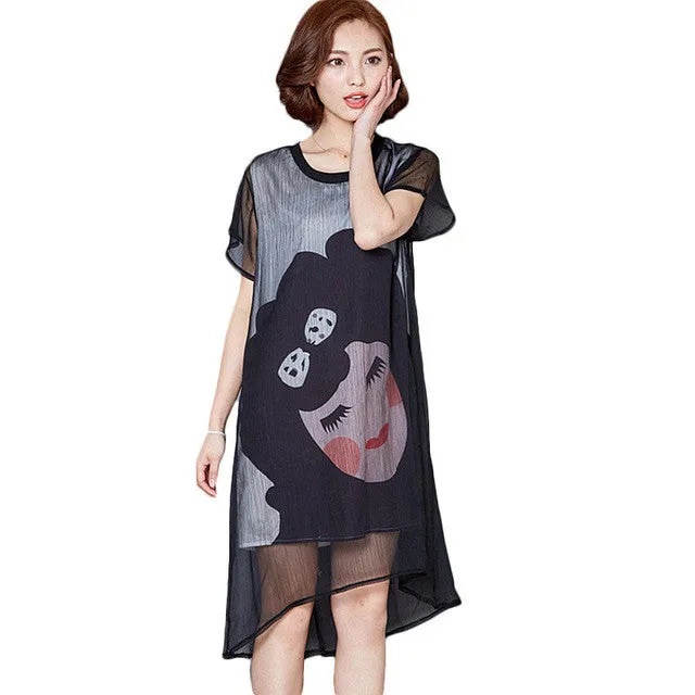 New Vestidos Plus Size Straight Knee-Length Dress Brief Short Sleeve O-neck Women Carton Print Dresses 70955 SM6