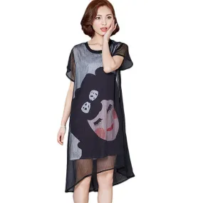 New Vestidos Plus Size Straight Knee-Length Dress Brief Short Sleeve O-neck Women Carton Print Dresses 70955 SM6