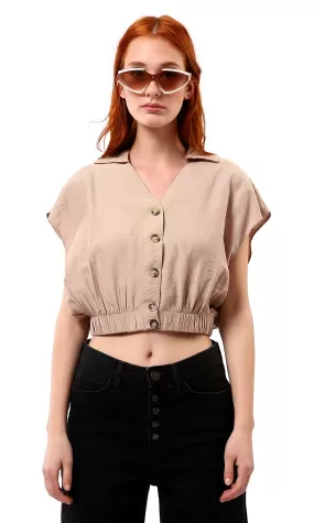 O179142 Light Coffee Cap Sleeves Buttoned Shirt With Hem