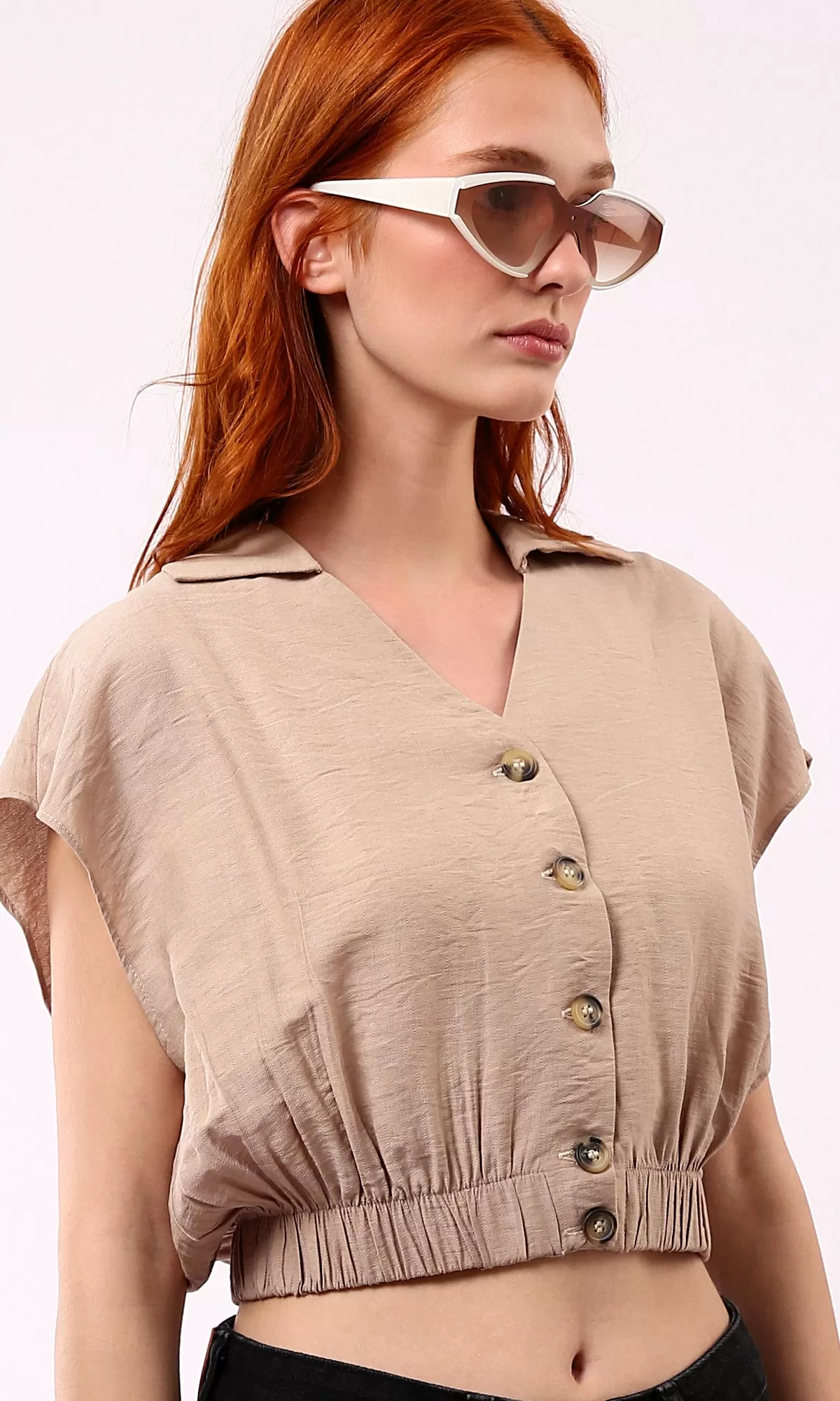 O179142 Light Coffee Cap Sleeves Buttoned Shirt With Hem