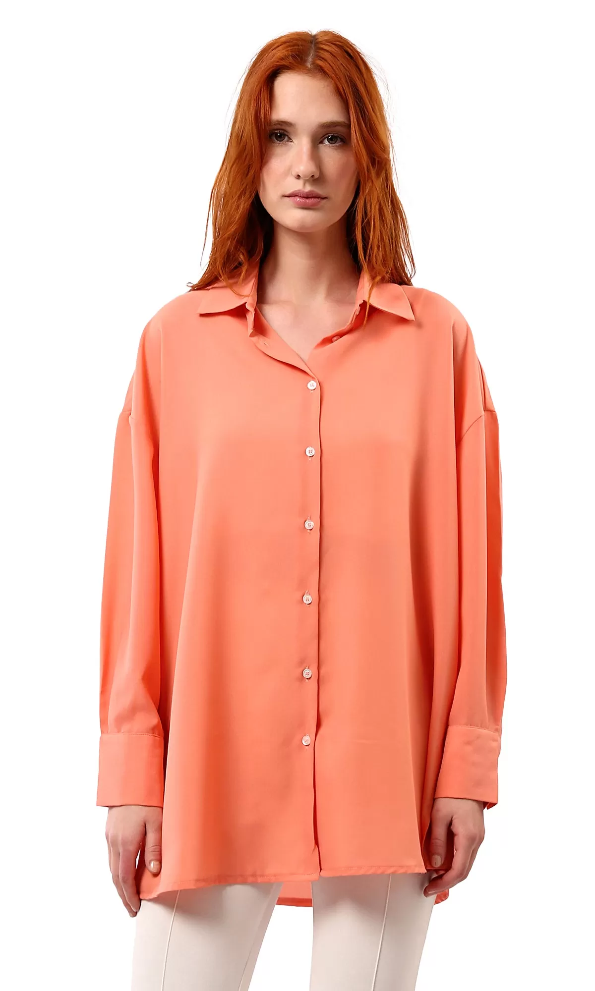 O188303 Salmon Solid Long Shirt With Full Buttons