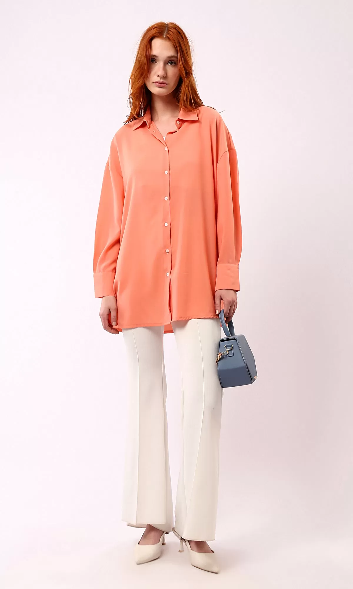 O188303 Salmon Solid Long Shirt With Full Buttons