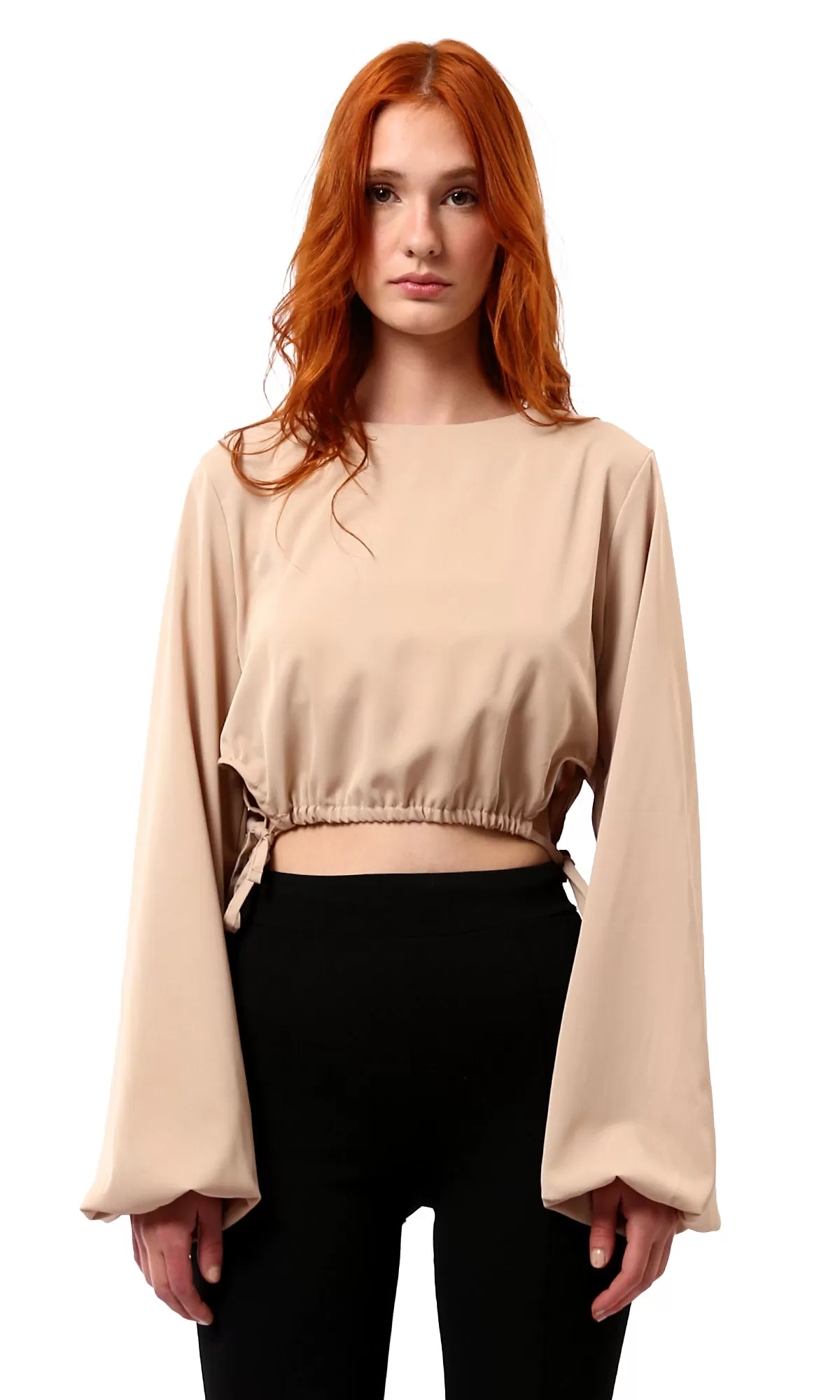 O188402 Dark Beige Short Blouse With Bi-Shop Sleeves