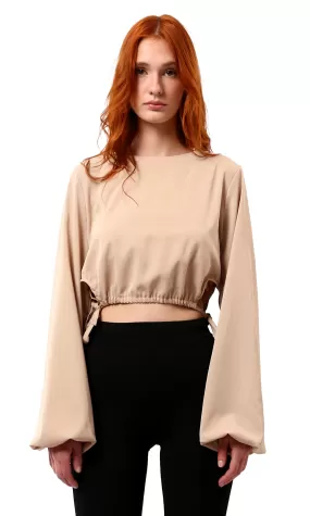 O188402 Dark Beige Short Blouse With Bi-Shop Sleeves