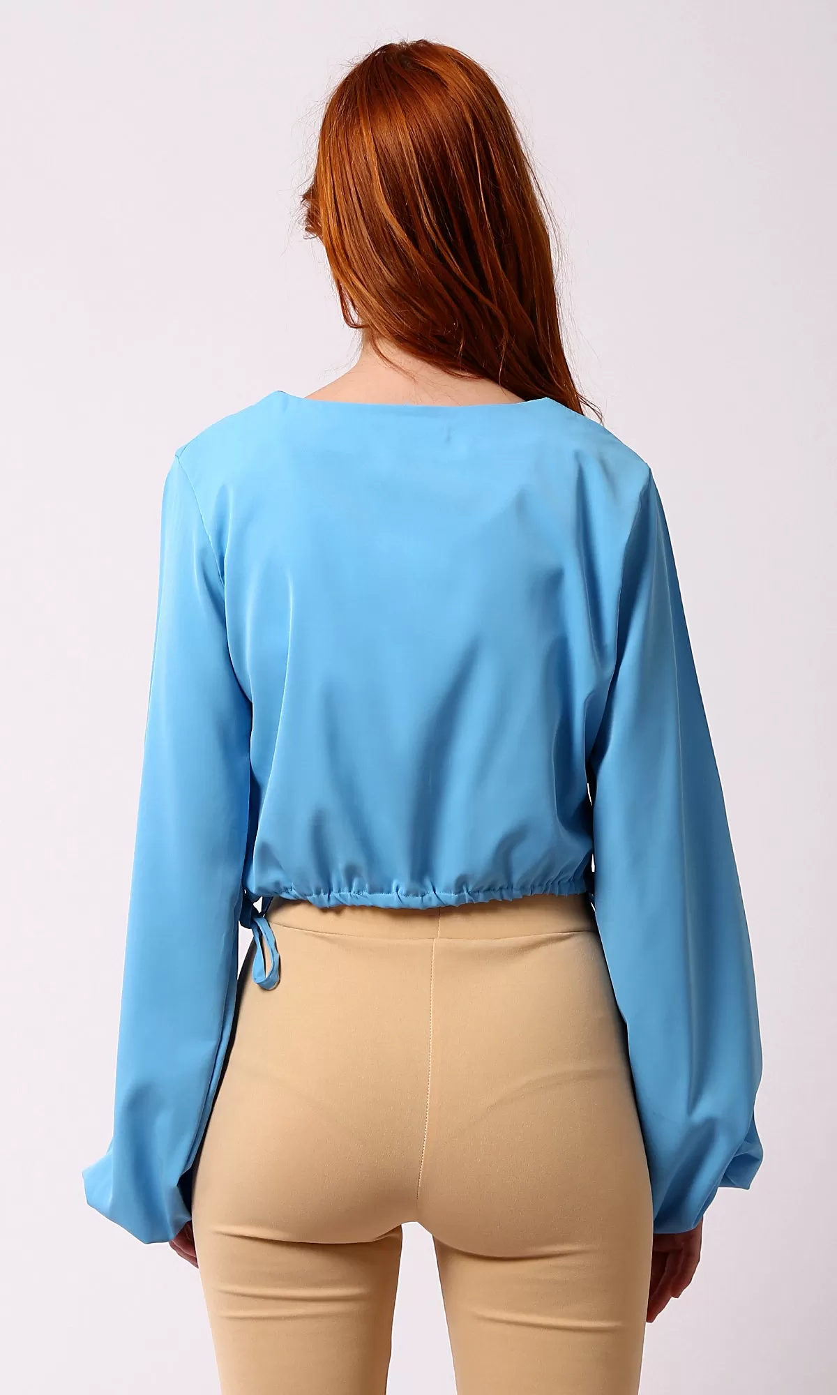 O188405 Solid Sky Blue Short Blouse With Boat Neck