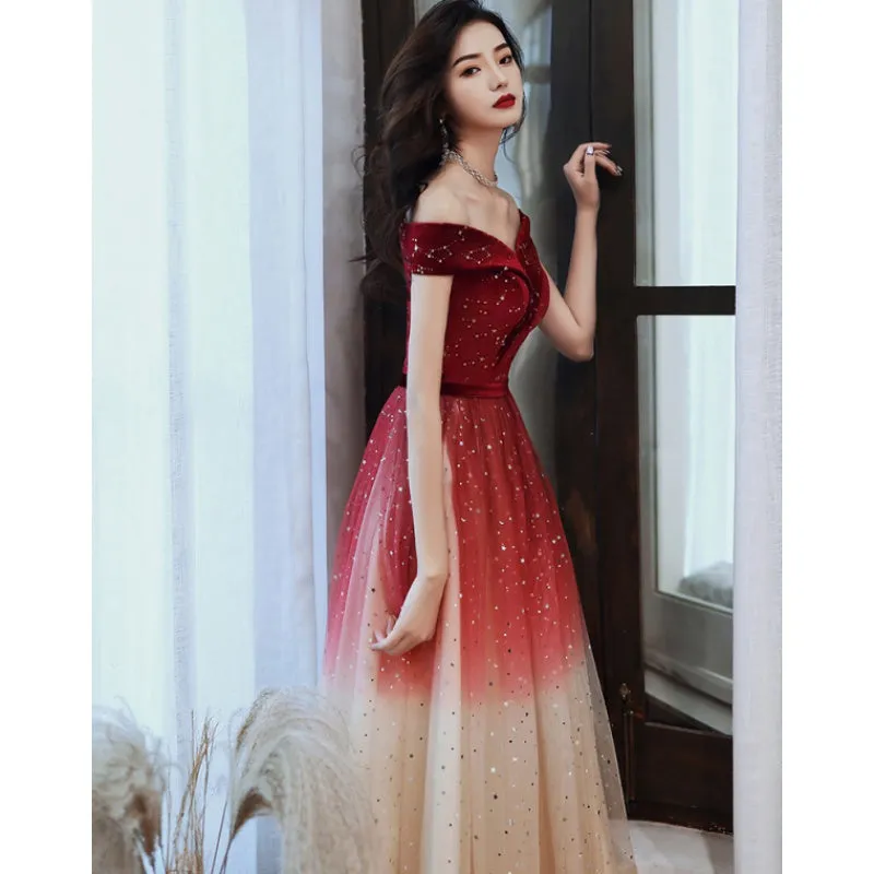 Off Shoulder Red Tulle Long Gradient Formal Dress, New Prom Dress Wedding Party Dress