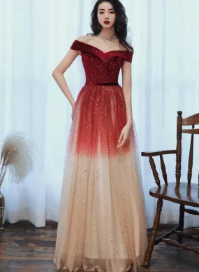 Off Shoulder Red Tulle Long Gradient Formal Dress, New Prom Dress Wedding Party Dress