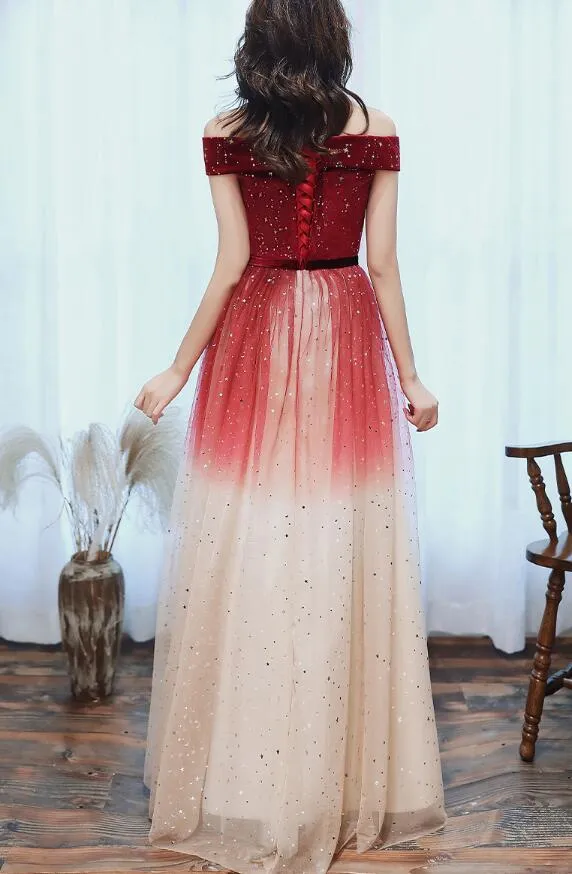 Off Shoulder Red Tulle Long Gradient Formal Dress, New Prom Dress Wedding Party Dress