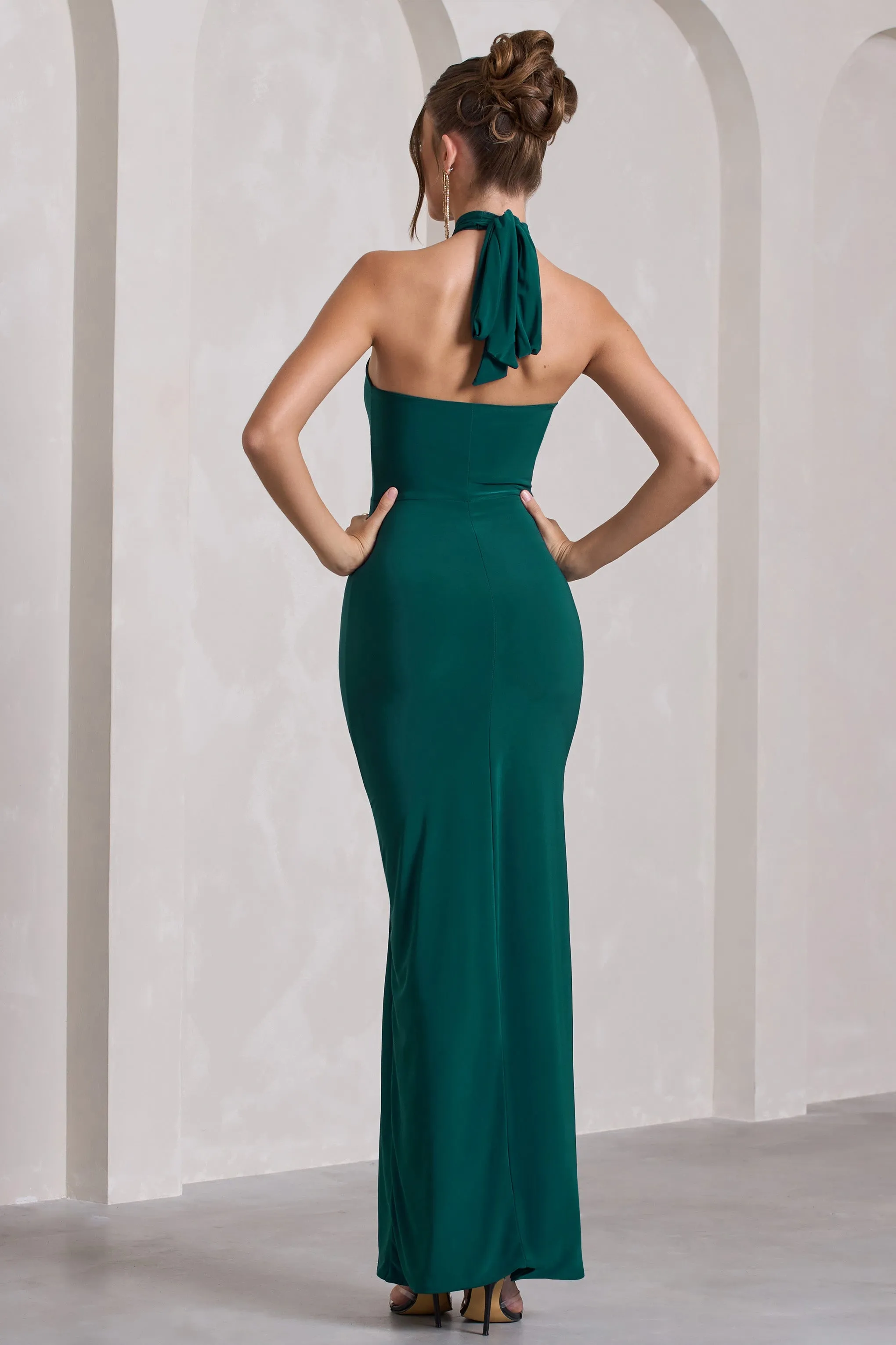 Pamela | Bottle Green Halter-Neck Sleeveless Split Maxi Dress