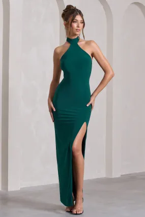 Pamela | Bottle Green Halter-Neck Sleeveless Split Maxi Dress