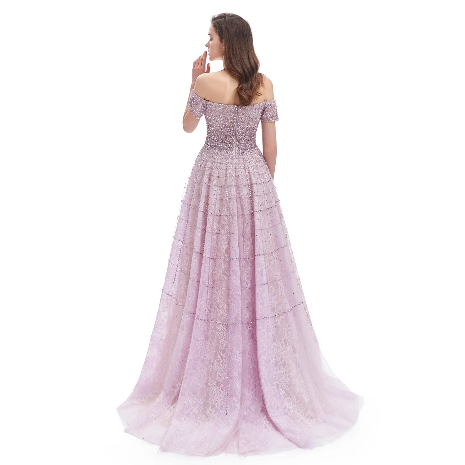 Pastel Lavender Maxi Formal Dress with Off the Shoulder Neckline EN4619