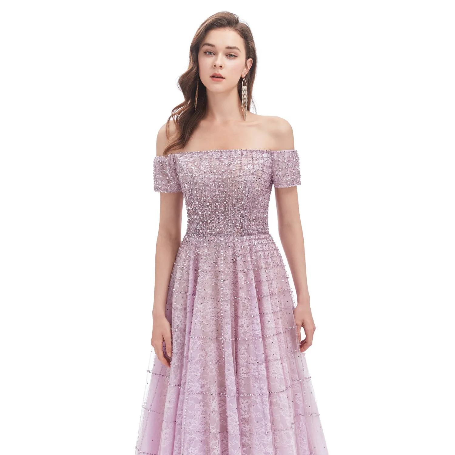 Pastel Lavender Maxi Formal Dress with Off the Shoulder Neckline EN4619