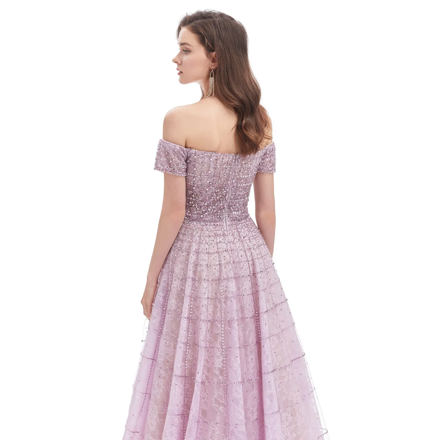 Pastel Lavender Maxi Formal Dress with Off the Shoulder Neckline EN4619