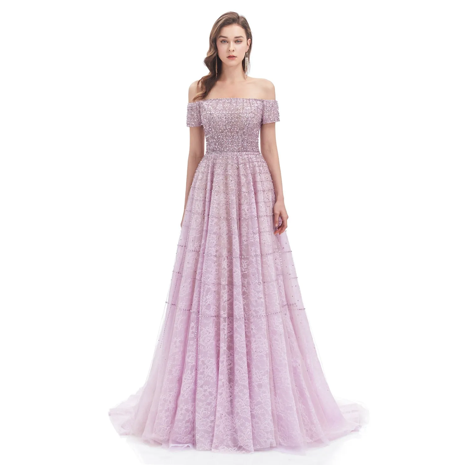 Pastel Lavender Maxi Formal Dress with Off the Shoulder Neckline EN4619