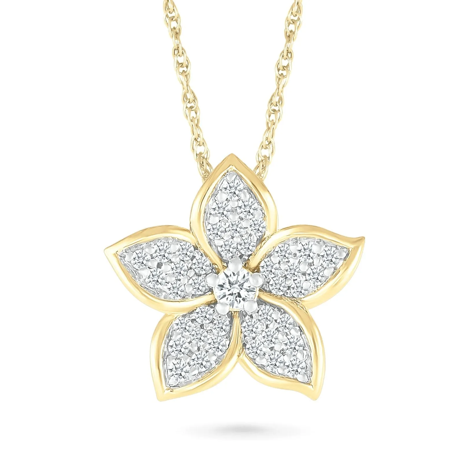 Pave Five Flower Diamond Petal Necklace with Thin Gold Bezel