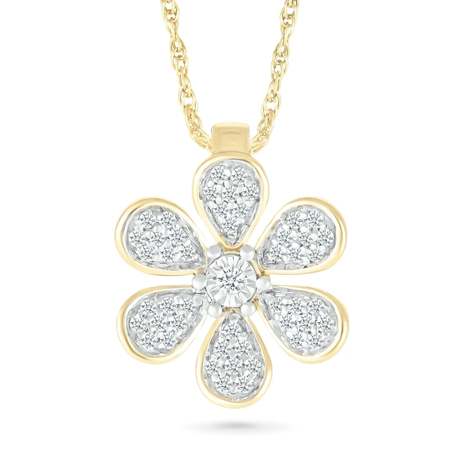 Pave Six Petal Diamond Flower Pendant with Thin Gold Bezel