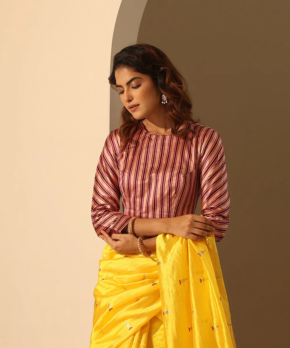 Peach handloom Mashroo Silk Striped Blouse With Closed Neck