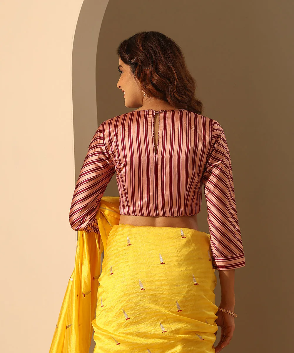 Peach handloom Mashroo Silk Striped Blouse With Closed Neck