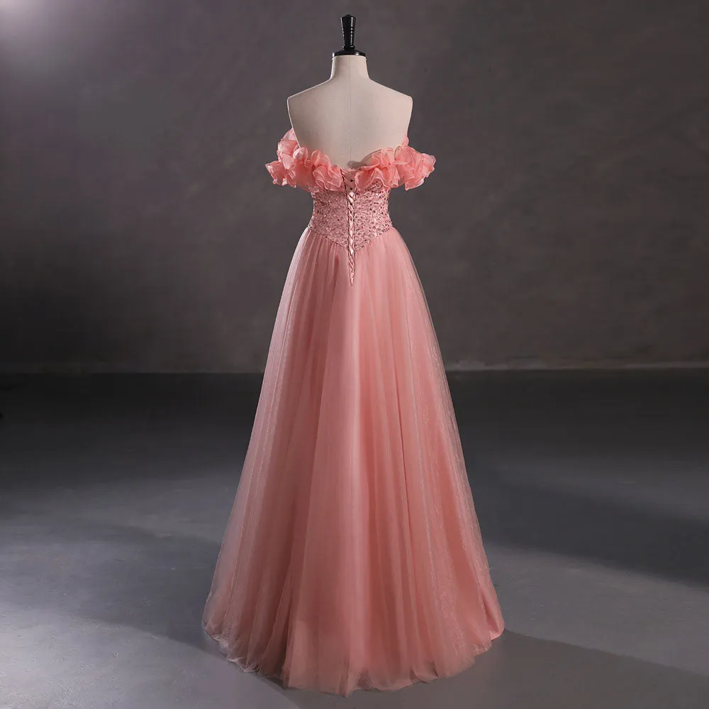 Peach Maxi Formal Prom Dress with Off the Shoulder Neckline EN5403