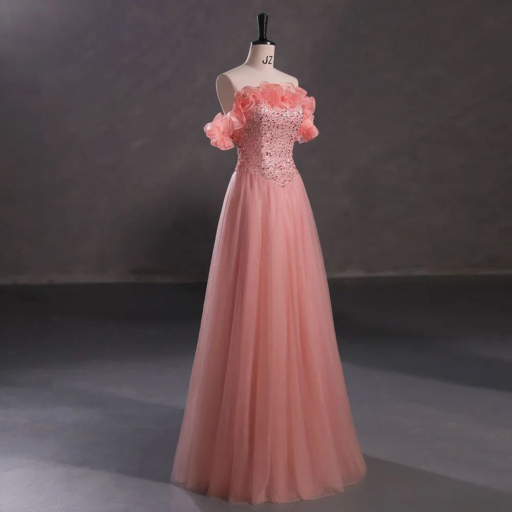 Peach Maxi Formal Prom Dress with Off the Shoulder Neckline EN5403