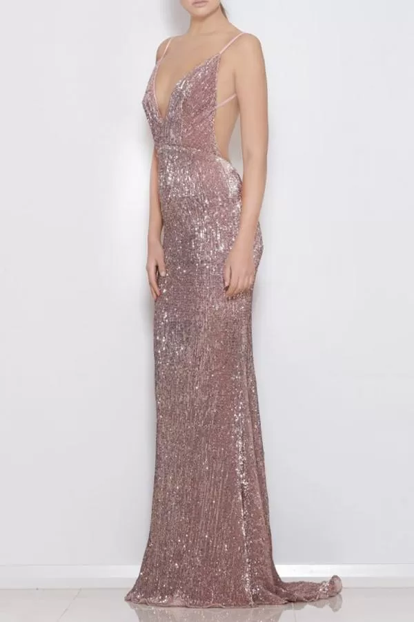 Pink Sheath Sweep Train Deep V Neck Sleeveless Backless Sparkle Long Prom Dresses