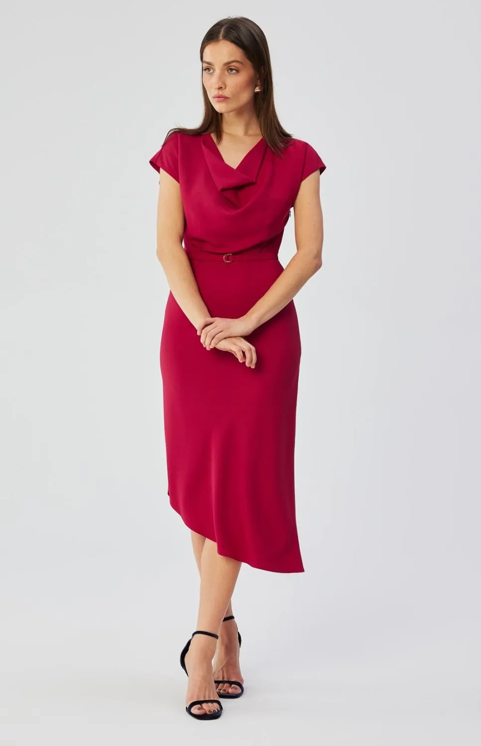 Plum asymmetrical sheath dress with cowl neckline