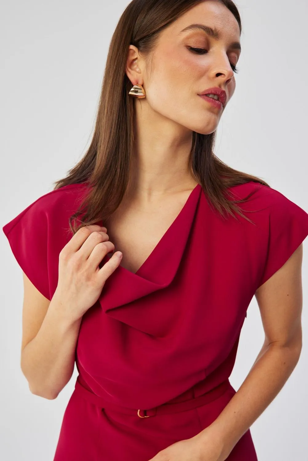 Plum asymmetrical sheath dress with cowl neckline