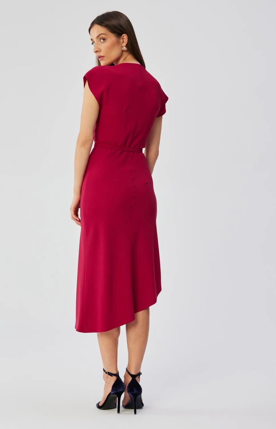 Plum asymmetrical sheath dress with cowl neckline