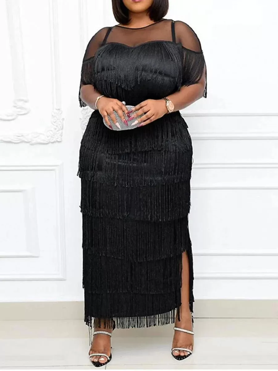 Plus Size Black Sequin Fringe Maxi Dress with V-Neckline