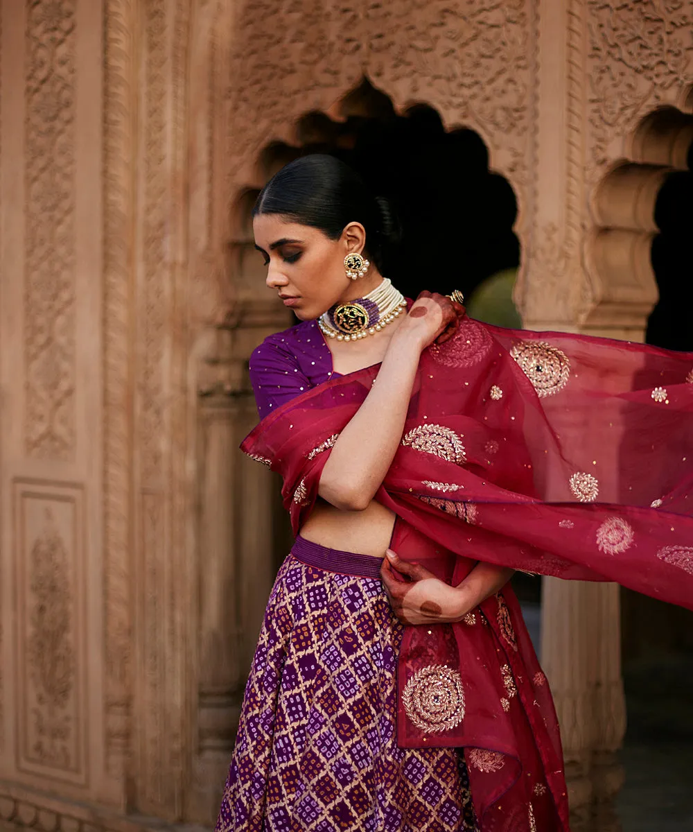 Purple Georgette Banarasi Bandhej Lehenga Skirt With Blouse And Dupatta