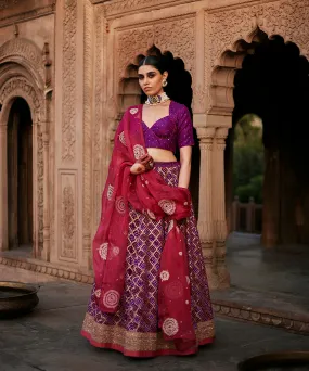 Purple Georgette Banarasi Bandhej Lehenga Skirt With Blouse And Dupatta