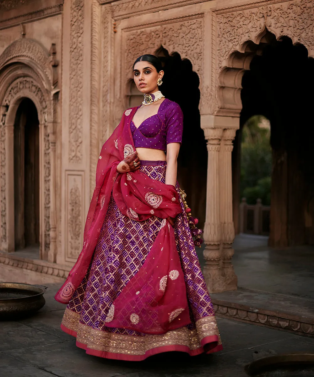 Purple Georgette Banarasi Bandhej Lehenga Skirt With Blouse And Dupatta