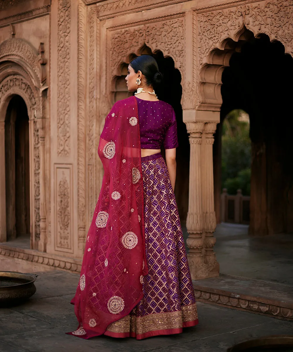 Purple Georgette Banarasi Bandhej Lehenga Skirt With Blouse And Dupatta