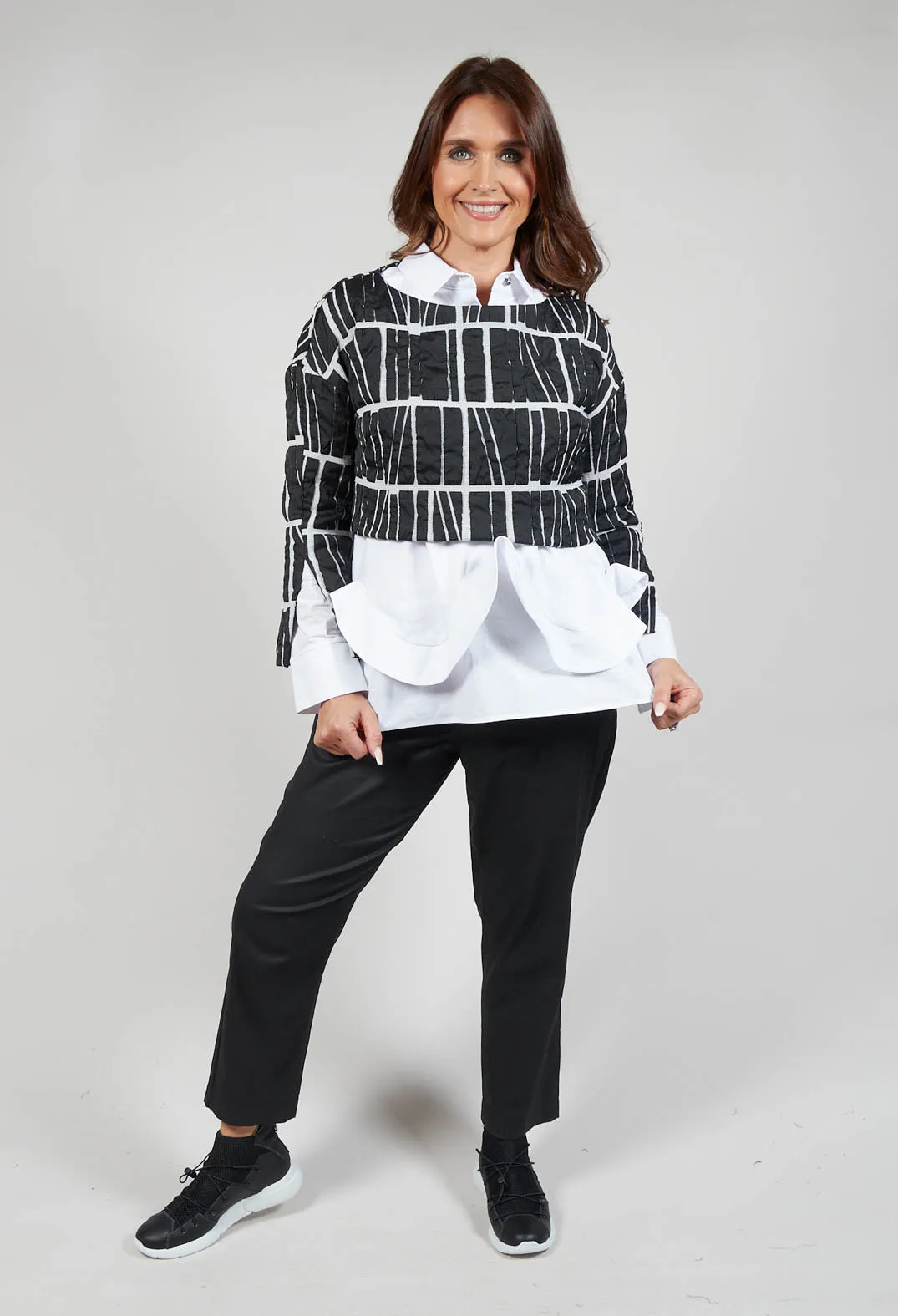 Quilt Print Blouse with Drop Hem at Back