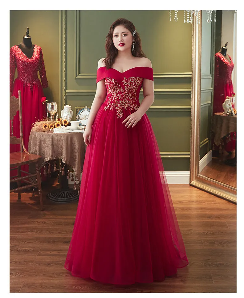 Red Plus Size Tulle Off Shoulder Long Evening Dress, Red A-line Prom Dress Formal Dress