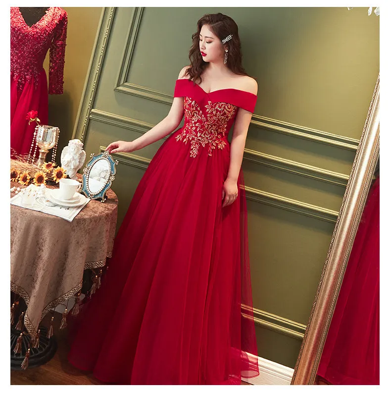 Red Plus Size Tulle Off Shoulder Long Evening Dress, Red A-line Prom Dress Formal Dress