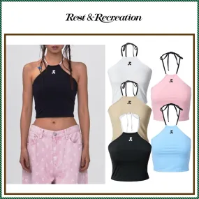 Rest & Recreation  |Nylon Sleeveless Halter Neck Street Style Plain Logo