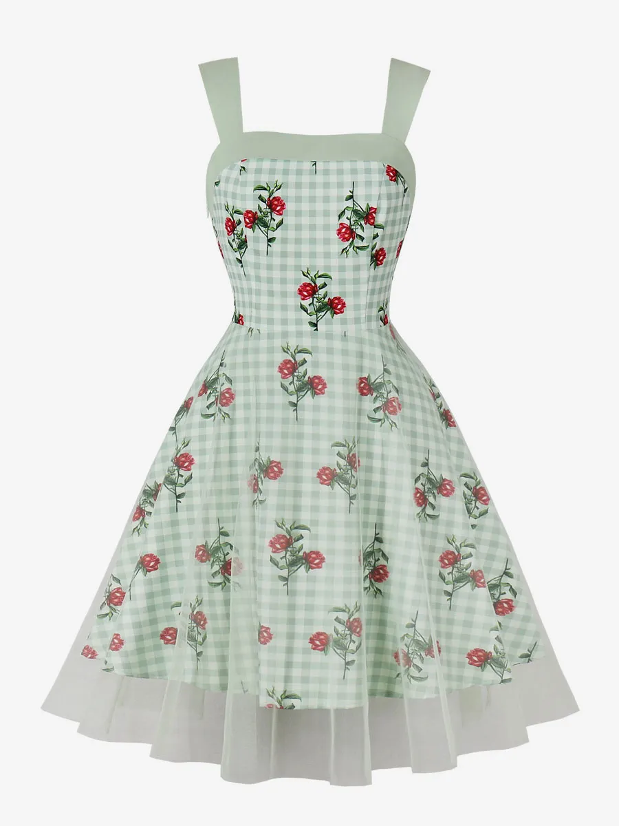 Retro Glamour Dress 1950s Audrey Hepburn Style Square Neck Sleeveless Floral Print Knee Length Light Green Swing Dress