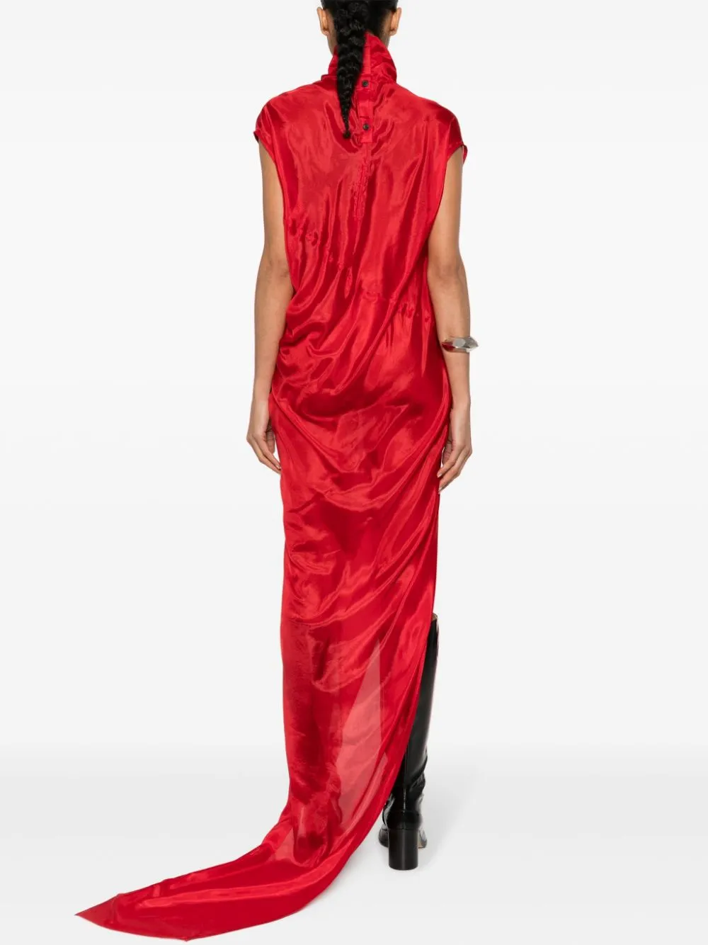 RICK OWENS Bright Red Silk Habotai Maxi Dress - High Neck, Semi-Sheer, Floor-Length