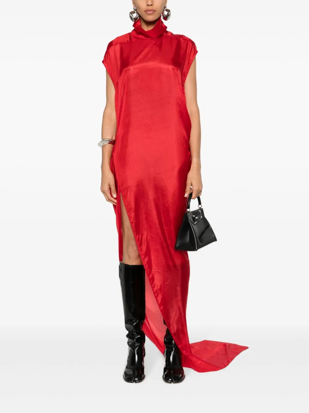 RICK OWENS Bright Red Silk Habotai Maxi Dress - High Neck, Semi-Sheer, Floor-Length