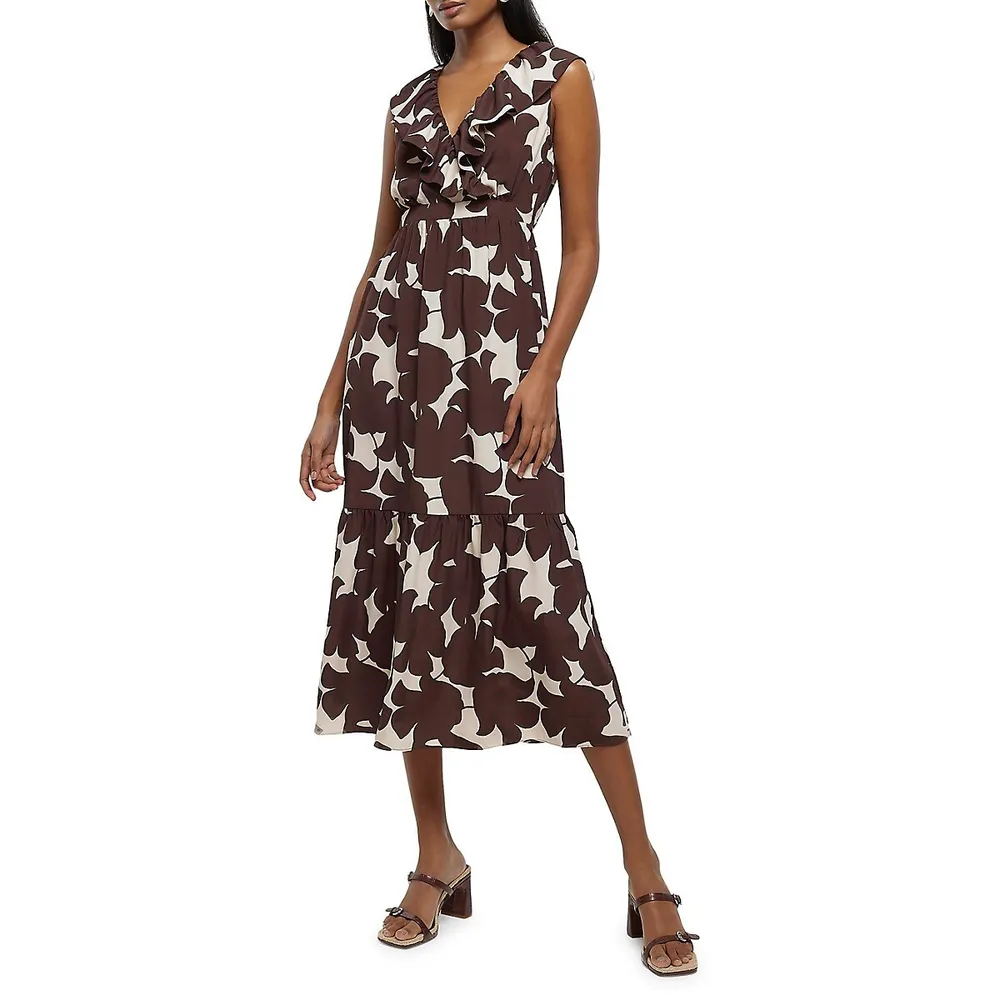 River Island Printed Frill V-Neck Sleeveless Tea Dress