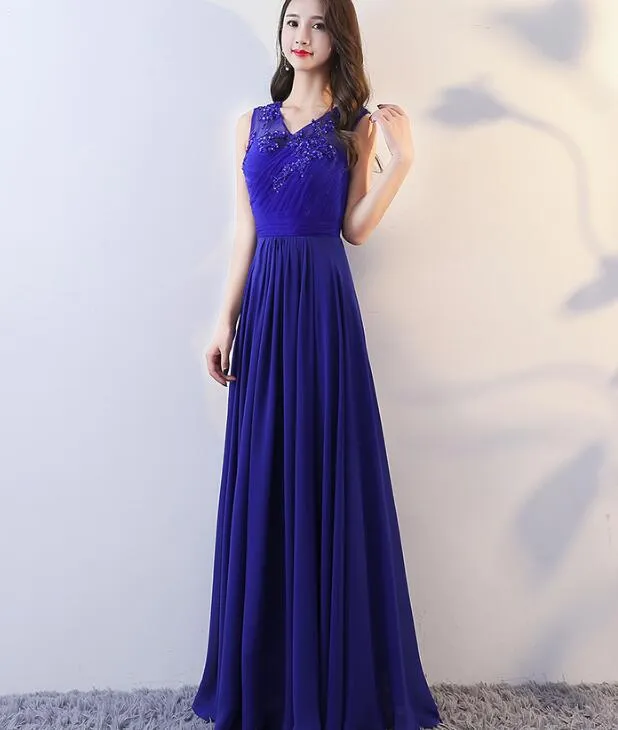 Royal Blue Chiffon V-neckline Long Party Dress with Applique, Elegant Formal Dress, Blue Long Prom Dress