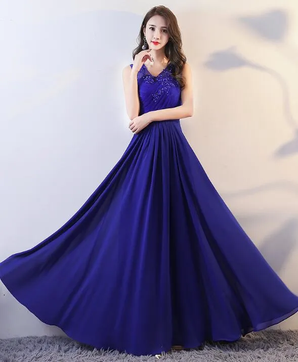 Royal Blue Chiffon V-neckline Long Party Dress with Applique, Elegant Formal Dress, Blue Long Prom Dress